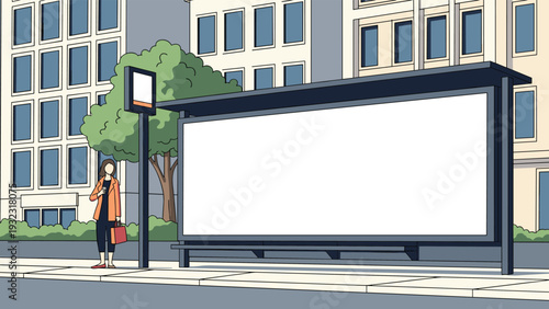 Large blank white billboard for advertising located at a city bus stop with a woman waiting and urban buildings in the background.