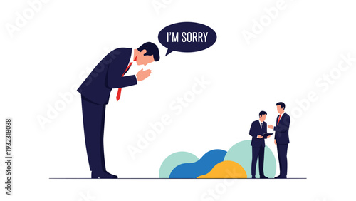 Large business man bowing deeply and saying I am sorry to two smaller colleagues in a minimalist corporate illustration.