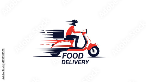 Fast food delivery logo featuring a person riding a red and white scooter with a black delivery box against a white background.