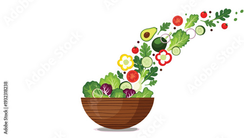 Wooden bowl of fresh green salad with various colorful vegetable ingredients flying out in a curved trail on a white background.