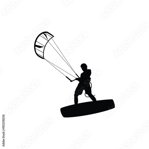 Silhouette of a kitesurfer riding a wave against a white background