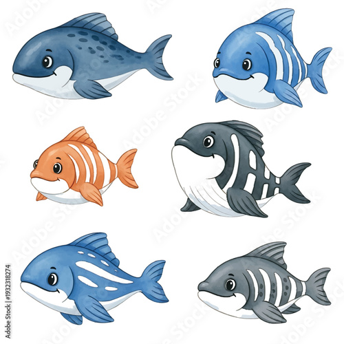 Cute cartoon sea animals vector set with fish shark dolphin whale and octopus underwater illustration