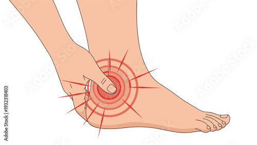 Person holding their foot suffering from intense heel pain with red circles indicating the source of inflammation.
