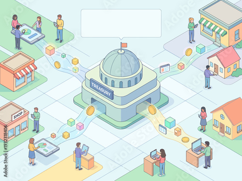 Colorful Vector Illustration of Modern Financial District Bank with Surrounding Shops, People, and Grid Background