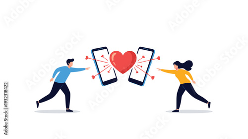 Long distance relationship concept showing a man and a woman reaching for each other across smartphones with a large red heart.