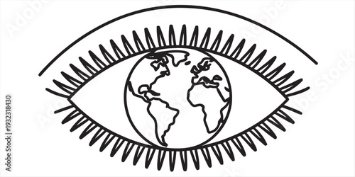 A black and white line drawing of a human eye with the earth globe as the iris and pupil Vector, illustration