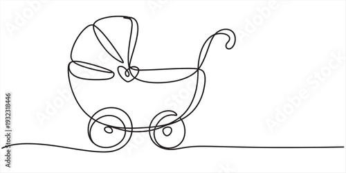 Continuous line drawing of a baby stroller on a white background, minimalist style illustration. Vector, illustration
