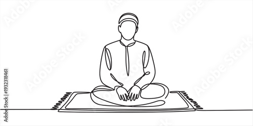 Continuous line drawing of a muslim man sitting on a prayer rug in a meditative posture Vector, illustration