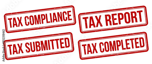 Vector Set of Four Tax Stamps Showing 'Tax Compliance, Report, Submitted & Completed' in Red Two-Row Layout