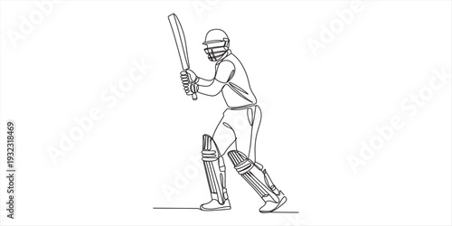 Line drawing of a professional cricket player in a batting stance wearing full protective gear Vector, illustration