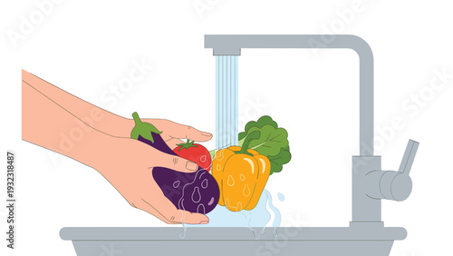Human hands washing various fresh vegetables like eggplant pepper and tomato under a stream of water in a kitchen sink.