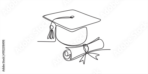 Minimalist single line art illustration of a graduation mortarboard cap and paper diploma. Vector, illustration
