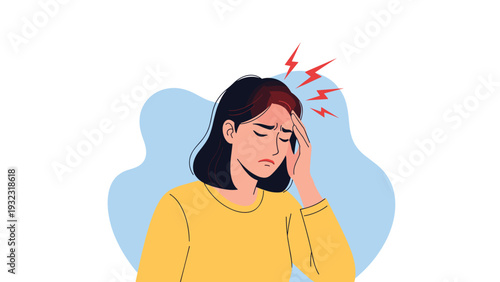 Woman wearing a yellow sweater touching her forehead in pain with red lightning symbols around her head showing a migraine.
