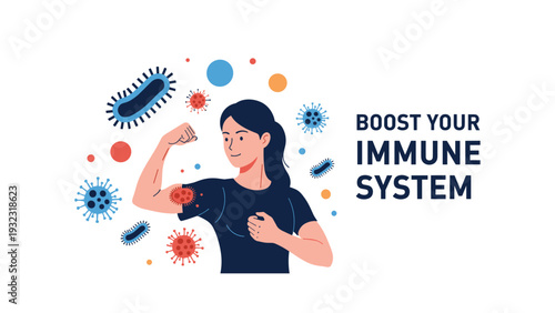 Strong woman showing her muscle surrounded by viruses and bacteria with the text boost your immune system beside her.
