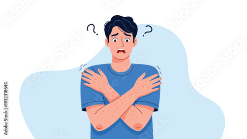 Confused young man looking at his arms covered in red spots or a rash and shivering with question marks around him.
