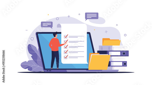 Small man standing inside a laptop screen checking items off a large paper checklist with folders and files nearby.