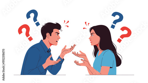 Man and woman standing opposite each other and arguing with angry facial expressions and question marks around them.