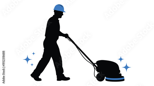 A man in a blue hard hat pushing a floor cleaner isolated on white background, Vector