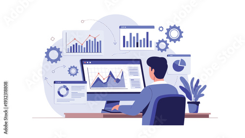 Professional man working at a computer desk surrounded by various data charts and graphs analyzing business growth.