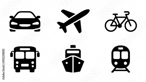 A Grid of Six Black Line Transport Icons Featuring Car, Airplane, Bicycle, Bus, Ship and Train