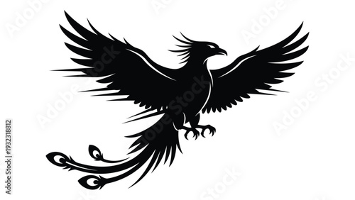A black silhouette of a phoenix bird in flight isolated on white background, Vector