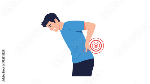 Young man bending over and holding his lower back in agony with a red target symbol showing the source of intense pain.