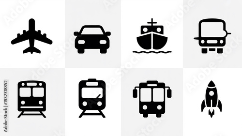 A Set of Eight Black Silhouette Transportation Icons Featuring Airplane, Car, Ship and Bus on Checkerboard Background