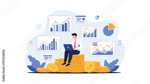 Businessman sitting on a large stack of gold coins while working on his laptop with financial charts in the background.