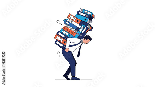 Stressed businessman carrying a massive stack of colorful office folders on his back with a tired facial expression.