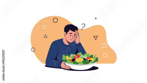 Young man looking at a bowl of fresh salad with a confused and hesitant expression wondering about his current diet plan.