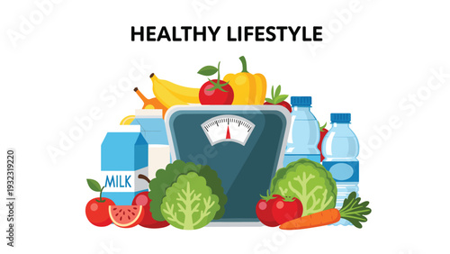 Assorted healthy food like fruits vegetables and milk surrounding a weight scale with the text healthy lifestyle.