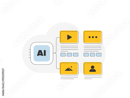 AI storytelling platform, cinematic image generation, AI video creation with native audio output, generative artificial intelligence for visual content production automation vector illustration