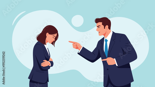 Angry businessman in a suit pointing and shouting at a sad female employee who has her arms crossed in distress.