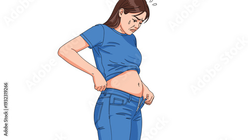 Sad young woman struggling and crying while trying to zip up her tight blue jeans showing weight gain problems.