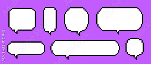Empty pixel text box set. Various pixelated chat frame collection. Retro 8 bit border shape pack for speach box bubble, message cloud, communication dialog, talk balloon. Vector illustration bundle
