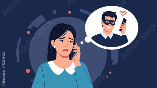 Worried woman talking on a smartphone while thinking of a masked thief representing phone scams, phishing, and cybercrime threats.