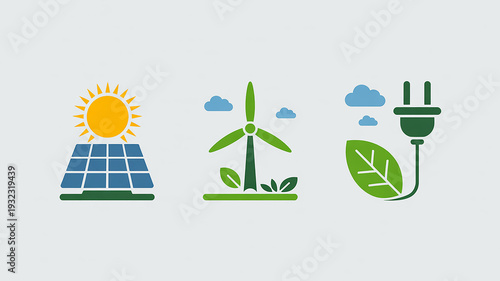 Three Stylized Renewable Energy Icons Featuring Solar Panels, Wind Turbine and Leaf Shaped Power Plug