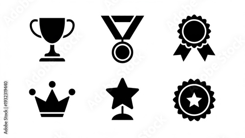 A Set of Six Black Vector Icons Depicting Awards and Achievements Featuring Trophy, Medal, Ribbon Badge, Crown and Star Symbols