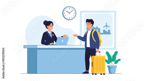 Male traveler with a suitcase and passport talking to an airline staff member at an airport check-in counter for departure.
