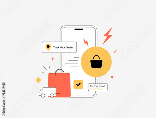 Instant commerce concept, same day fulfillment service with instant checkout and fast delivery, real time order tracking dashboard for e-commerce logistics platform, modern flat vector illustration