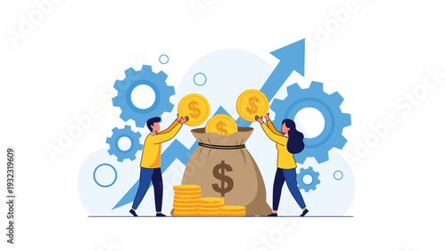 Man and woman working together to fill a large money sack with gold coins representing financial savings and investments.