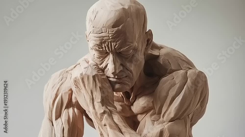 Sculpture of a man deep in thought with hands on face.