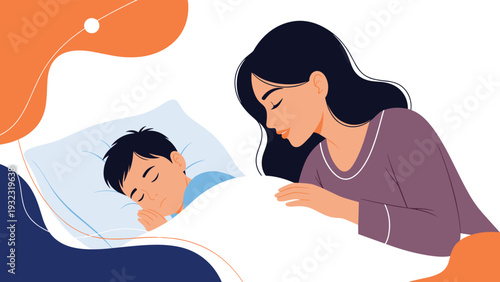Loving mother watching her young son sleep peacefully in his bed under a white blanket with an abstract background design.