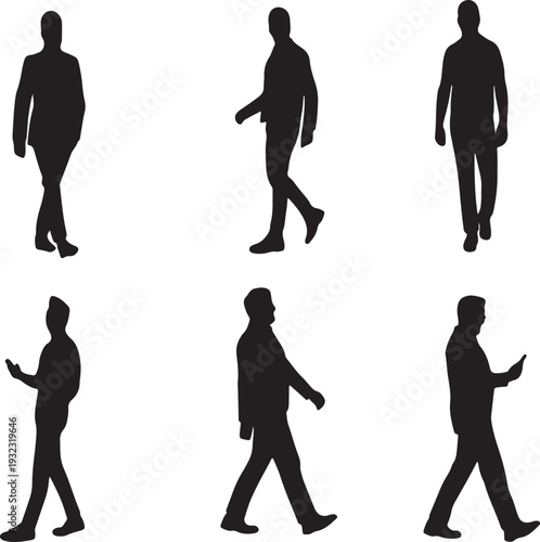Silhouettes of people walking and using a smartphone in a variety of poses