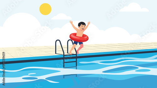 Happy young boy jumping into a bright blue swimming pool with a red inner tube on a sunny day with clouds and sun.
