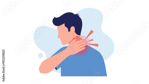 Man touching his neck in pain with red lightning marks representing a sore throat, stiff neck, or cervical injury.
