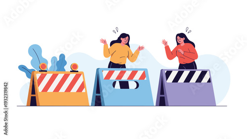 Two women looking worried while standing behind striped construction or roadblock barriers, representing obstacles and limits.