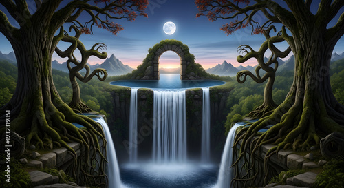 Mystical Waterfall Cascade: A mesmerizing landscape unfolds, featuring cascading waterfalls flowing into a serene pool beneath a moonlit archway, embraced by ancient trees.
