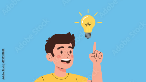 Young man pointing at a glowing yellow lightbulb above his head representing a creative idea, innovation, or solution.
