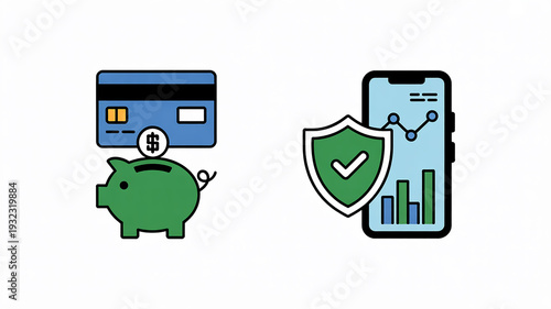 Two Financial Concept Icons Featuring Piggy Bank, Credit Card, Dollar Coin and Secure Mobile Finance with Smartphone, Charts and Shield